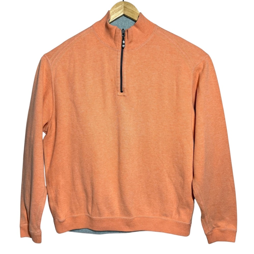 Tommy Bahama 100% Cotton Quarter Zip Pullover Sweater L Orange Coral Marlin Logo